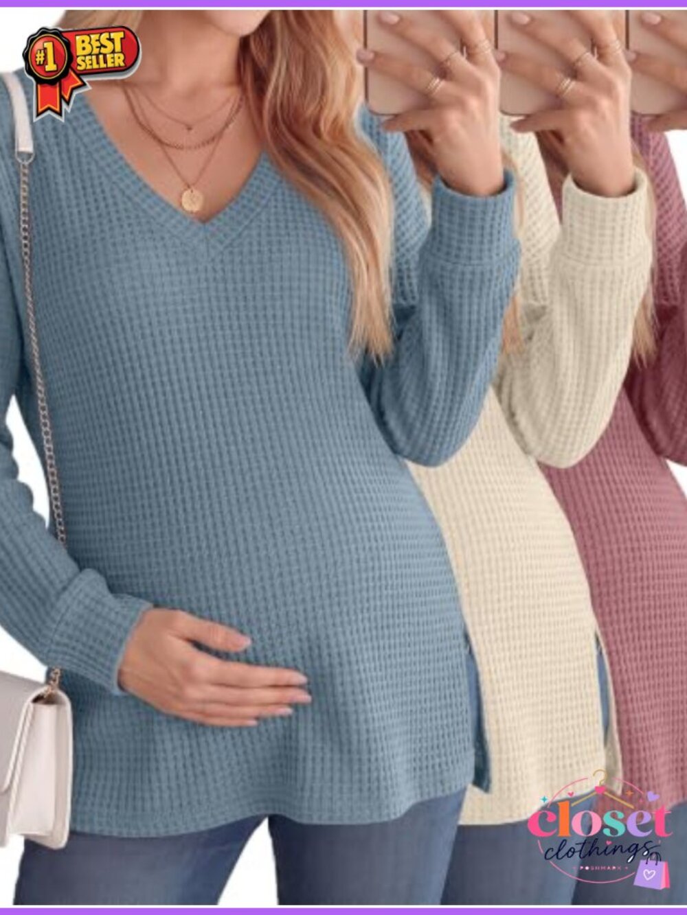3 Pack Womens Maternity Long Sleeve Waffle Shirts Loose Fit V-Neck Side Slit
